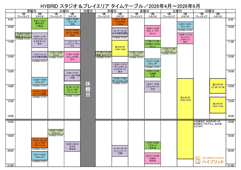 メディカルハイブリッドのスタジオスケジュール